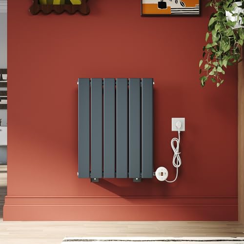 SONNI Radiatore 600 x 452 mm antracite, design radiatore piatto con barra riscaldante WIFI Smart 400 Watt, elettrico piatto verticale per bagno, radiatore a pannello monostrato con controllo APP