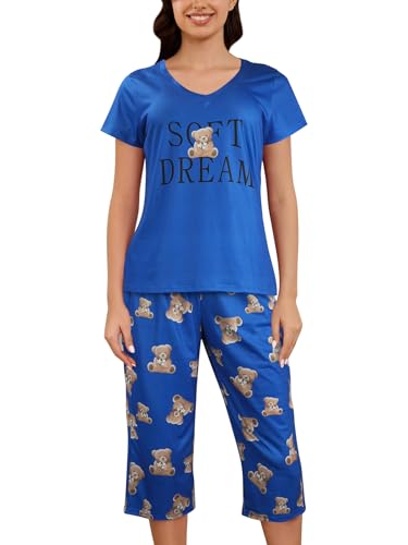 Image of YIJIU Women Soft Comfy Pajamas Cute Cat Short Sleeve Capri Pants PJS Set