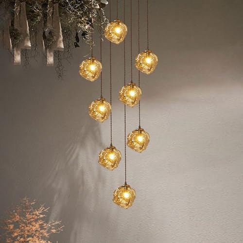 Lustre d'escalier moderne LED à intensité variable 6 à 10 lumières dorées