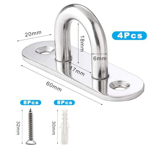 Gsrhzd Augplatte Edelstahl, 4 PCS M6 Augplatte mit Öse, Edelstahl-Augenplatte, Metall-Befestigungsring, Deckenhaken, Ösenplatte, Befestigungshaken für hängende Gegenstände, Markisen, Deckplatten