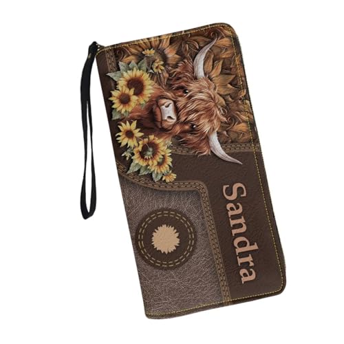 Image of Bulopur Womens Wallet Wristlet Custom Name Sunflower Highland Cow Print Slim Purse Wallet Small Wallets For Women Coin Purse Id Card Holder Clutch RFID Long Wallets With Slots Zipper Around