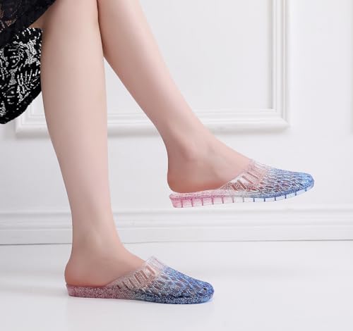 Image of Womens Jelly Shoes, White Jellies Sandals Glitter Clear Flats Slip On Summer Beach Slippers Transparent Closed Toe Soft Slide
