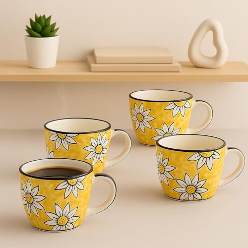 Image of KITTENS Ceramic Mug Set of 4 - 375ml | Yellow Floral Hand-Painted Design | Microwave & Dishwasher Safe | Food Grade | Tea, Coffee, Snacks | Ideal Gift for Home, Office & Festive Gifting