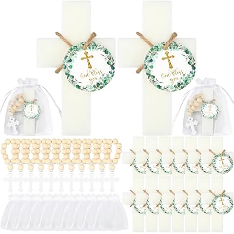 Swiffen 96 Pcs Cross Soap Baptism Favors Set Include 24 Scented Soap Favors 24 Wooden Rosary 24 Bags and 24 Cards Baby Baptism Favor for Baby Shower Christening Favors Guests First Communion Gifts Cover