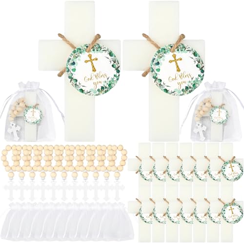 Image of 96 Pcs Cross Soap Baptism Favors Set Include 24 Scented Soap Favors 24 Wooden Rosary 24 Bags and 24 Cards Baby Baptism Favor for Baby Shower Christening Favors Guests First Communion Gifts