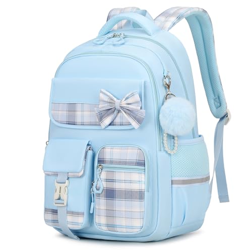 Tanou Schulrucksack Mädchen Kinderrucksack, Wasserdicht Rucksack Teenager Daypack, Kawaii Karo-Schulranzen für Mädchen 9-16 Jahre mit Trolleyband, Blau