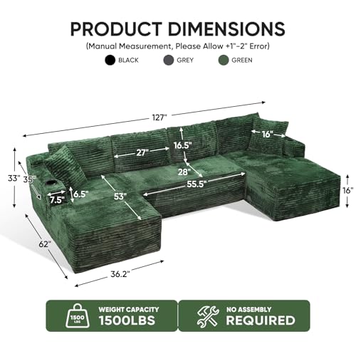 Image of Boneless Couch, 127 inch Sofas for Living Room, U Shaped Couch with Chaise | Sectional Sofa, Cloud Couch Sectional with Cup Holders and Storage, Cloud Sofa with Deep Seat, Green, Corduroy, No Assembly