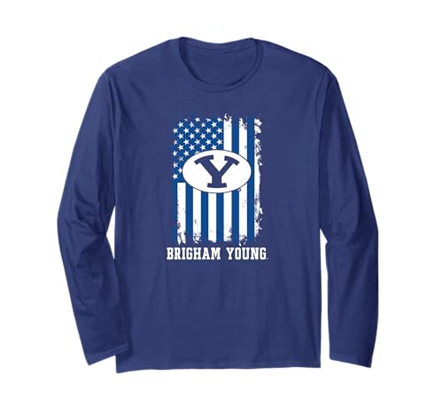 BYU Cougars Patriotic Retro American Flag Navy Long Sleeve T-Shirt