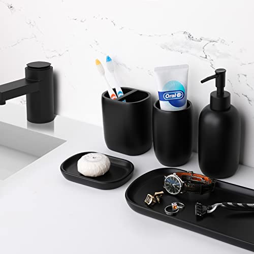 Bathroom Accessory Set, Foverone 5 Pcs Resin Countertop Complete Vanity Accessories Set With Vanity Tray, Tumbler, Toothbrush & Toothpaste Holder, Lotion Dispenser, And Soap Dish - Matte Black #TOP2