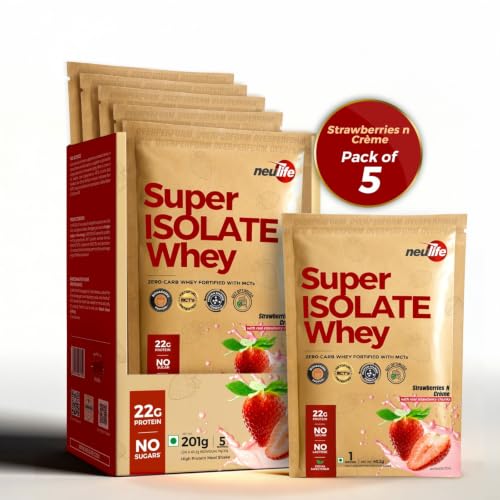 Image of Neulife SUPER ISOLATE Whey Protein | Max Absorption Protein Shake with Real Fruit Chunks | | 5x40g Single Servings Sachets | 5 Serving Travel Pack | Strawberries & Creme with Real Fruit