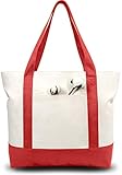 TOPDesign 1-Pack Canvas Tote Bag with an External Pocket, Reusable Grocery Shopping Bag, Top Zipper Closure, Daily Essentials (Red/Natural)