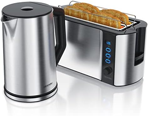 Arendo - Wasserkocher mit Toaster SET Edelstahl Silber, Wasserkocher 1,5L 40° 100°C Warmhaltefunktion Toaster 4 Scheiben LED-Display 6 Bräunungsgrade Brötchaufsatz