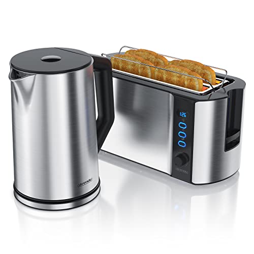 Arendo - Wasserkocher mit Toaster SET Edelstahl Silber, Wasserkocher 1,5L 40° 100°C Warmhaltefunktion Toaster 4 Scheiben LED-Display 6 Bräunungsgrade Brötchaufsatz