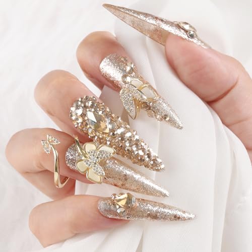 Kaquee-Really Handmade Press on Nails Long,Luxury Golden Stiletto Fake Nails Y2k,Glue Stick on Nails with Butterfly Bling Rhinestones,Nail Art Gifts for Women Girls (M, Gold)