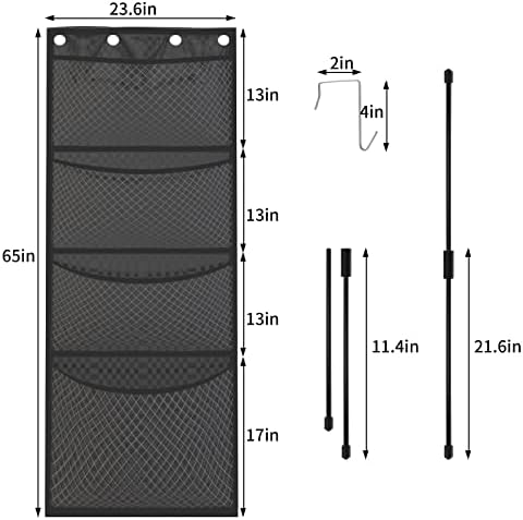 Over Door Hanging Storage, Over Door Storage Organiser with 4 Large Mesh Pockets, Foldable Door Hanging Storage for Stuffed Animal, Plush Toys, Black (4 Over Door Hooks Included)