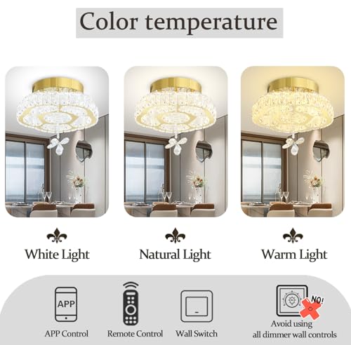 Flashing God Dia 12'' Mini Dining Room Chandelier Modern Crystal Chandeliers for Hallway Light Fixture Gold Flush Mount Ceiling Light for Living Room Bedroom Stairwell Dimmable 2700k-6000k by Flashing God - Image 4
