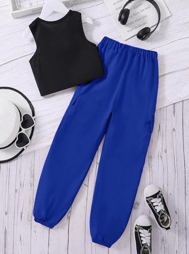 Image of Girls 2 Piece Outfit Set for Tween Girls, Sleeveless Crop Tank Top & Cargo Pants Jogger Set