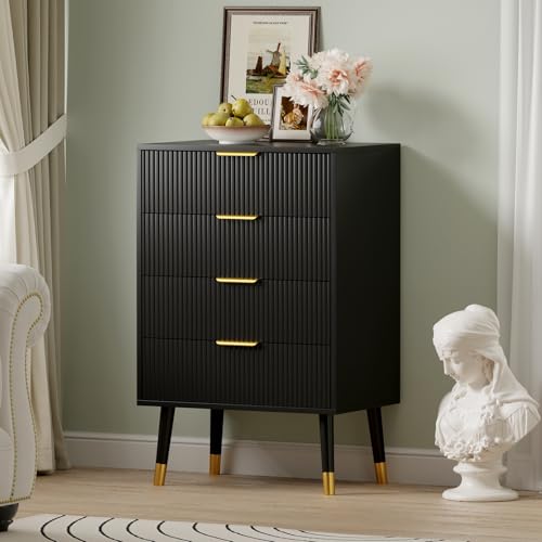 GarveeHome Fluted 4 Drawer Dresser, Large Modern Nightstand Cabinet with Gold Metal Handles, End Table Wood Chest of Drawers for Bedroom, Living Room, Hallway, Entryway - Black