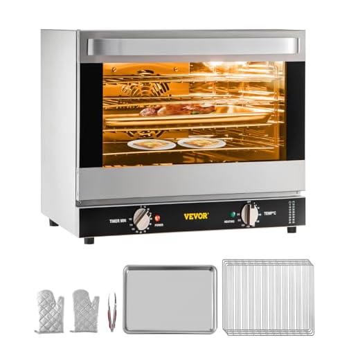 VEVOR Commercial Convection Oven, 66L/60Qt, Half-Size Conventional Oven Countertop, 1800W 4-Tier Toaster w/ Front Glass Door, Electric Baking Oven w/ Trays Wire Racks Clip Gloves, 120V