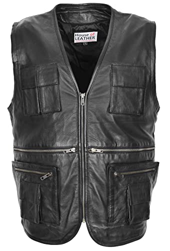 Gilet en cuir véritable homme style pêcheur noir pour un rangement pratique