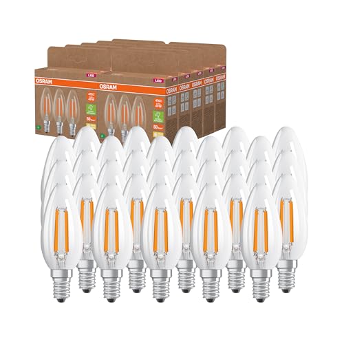 Osram Hocheffiziente LED Lampen mit Energieeffizienz Klasse A, Vorteilspack mit 30 Leuchtmittel, ersetzt herkömmliche 40W Glühbirnen, Kerzenform, warmweiß(2700K), E14, Filament Glas