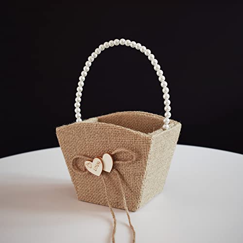 STAFUNI Rustic Burlap Flower Girl Baskets with Pearl Handle, BowKnot Heart Petals Basket for Vintage Wedding Ceremony - Thumbnail 5
