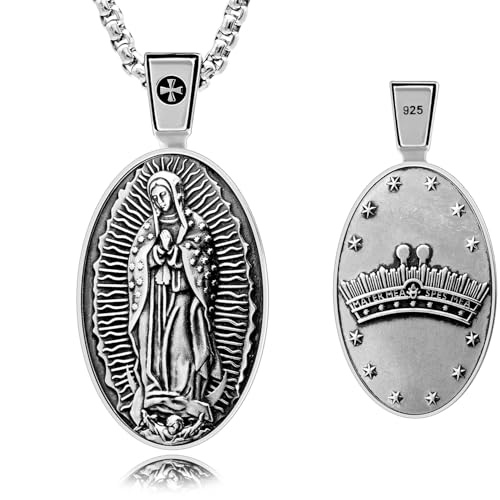 VENICEBEE® Our Lady Guadalupe Holy Virgin Mary Medal Devotional Christian Sacramental Solid 925 Sterling Silver Pendant Necklace Divine Design Nuestra Señora + Velvet Pouch, Polishing Cloth, Gift Box