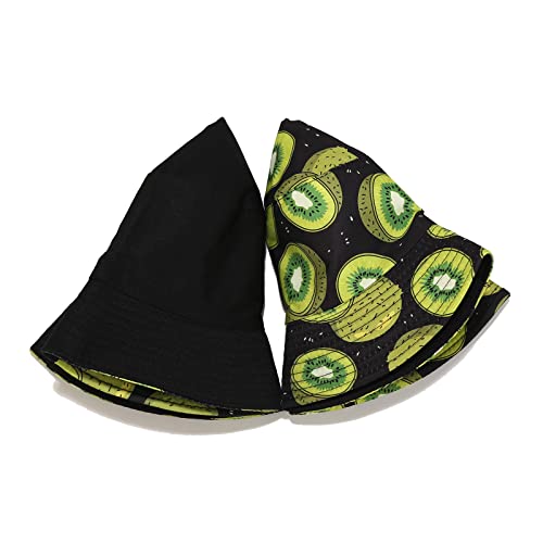 Ihauiue Novelty Fruit Print Bucket Hats Summer Fishing Cap Reversible Packable Sun Hat For Women, Men, Kiwi Black Hat #TOP3