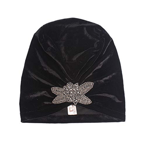 Yiyi Operation Women's Stretch Velvet Turban Hat Cancer Chemo Beanie Beaded Flower Hair Wrap Cap Headwear (Black) #TOP2