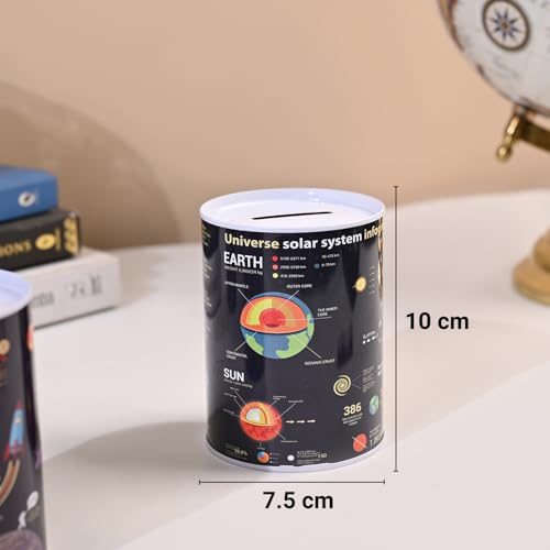 Image of Market99 Money Bank Set of 2 | Black Round Tin Coin Banks with Glossy Finish & Solar System Design | Stylish Piggy Banks for Kids & Adults | Ideal for Saving Coins at Home, Desk & Gifting Use