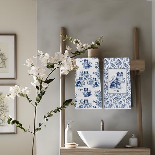 Image of Chinoiserie Australian Shepherd Kitchen & Hand Towels Set of 2, Blue and White Floral Dog Dish & Tea Towels for Kitchen Bathroom Decor, Vintage Toile Dog Lover Gifts for Women 16x24 Inch