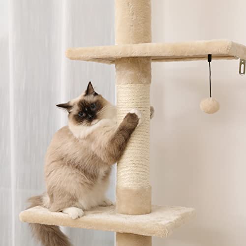 PAWZ Road Cat Tree 5-Tier Floor to Ceiling Cat Tower Height Adjustable, Tall Kitty Climbing Activity Center with Scratching Post, Cozy Bed, Dangling Ball for Indoor Cats/Kitten Beige