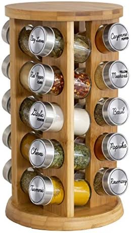 Orii 20 Jar Spice Rack with Spices Included - Tower Organizer for Kitchen Spices and Seasonings, Free Spice Refills for 5 Years (Bamboo Wood)