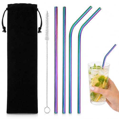 Image of Reusable Stainless Steel Straws Set of 4, Metal Drinking Straws with Cleaning Brush and Velvet Pouch, Rainbow Color, Dishwasher Safe for Smoothies Iced Coffee Juice Cocktails