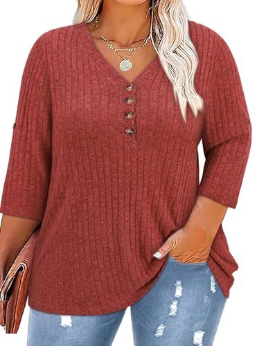 Image of Koscacy Women Plus Size V Neck 3 /4 Roll Sleeve Sweater Casual Knit Tops Solid Color Blouses