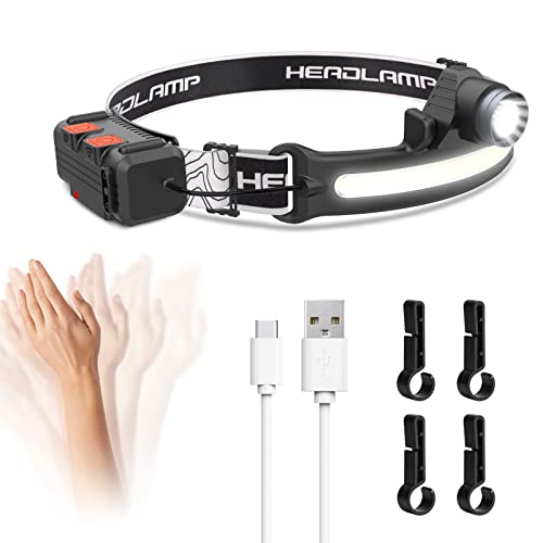 LED-Stirnlampe, wiederaufladbar, 270° Weitstrahler, 6 Modi, Stirnlampe mit Bewegungsmelder, verstellbares Hartschalen-Licht und wasserdichte Lichtleiste für Camping, Wandern, Laufen Cover