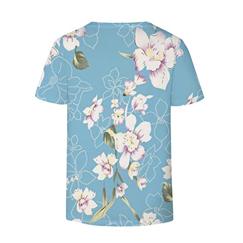Blusa feminina de algodão 2023 manga curta gola V estampa floral casual camiseta para mulheres outon