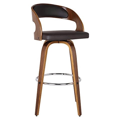 Armen Living Shelly 30" Seat Height Mid Century Modern Swivel Bar Stool for Kitchen Island Counter in Brown Faux Leather and Walnut Wood Cover