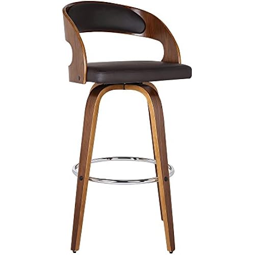 Armen Living Shelly 30" Seat Height Mid Century Modern Swivel Bar Stool for Kitchen Island Counter in Brown Faux Leather and Walnut Wood