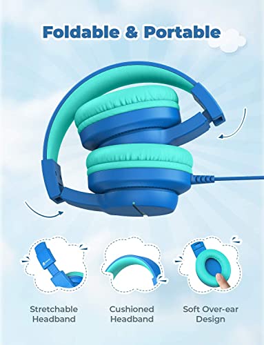 iClever HS19 Kids Headphones with Microphone for School, Volume Limiter 85/94dB, Over-Ear Girls Boys Headphones for Kids with Shareport, Foldable for iPad/Travel (Navy Blue)