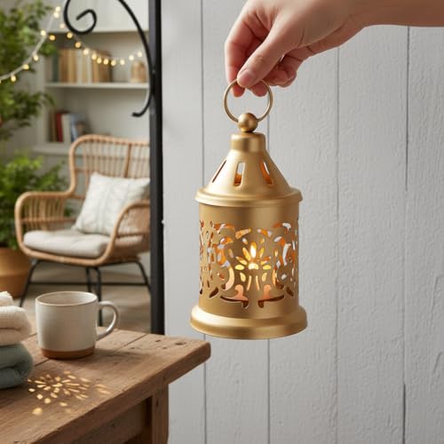 Image of Hanging Metal Tealight Candle Holder Lantern Set with LED Candle | Decorative Gold Hanging Lantern for Home Decor, Living Room, Dining Table, Balcony & Festive Gifting (Set of 6)