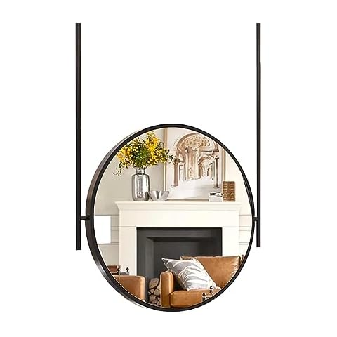 LUHCUJEI Black Ceiling Mounted Hanging Vanity Mirror Round Bathroom Mirror for Wall Decor with Floating Rods Double Boom Mirror Decorative Suspended Mirrors for Bedroom(Diameter-70CM/27.6INCH) Cover