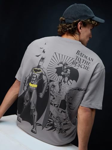 Image of The Souled Store Batman: to The Rescue Men and Boys Short Sleeves Round Neck Grey Graphic Printed Cotton Oversized T-Shirts