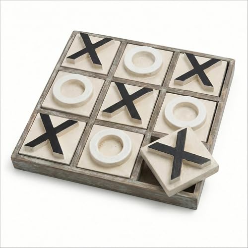 JEVERGN 12.6" Large Wooden Tic Tac Toe Game, Rustic Coffee Table Game, Wood Farmhouse Tic Tac Toe Board Game Decor, Family Games for Adult & Kids, Washed Brown