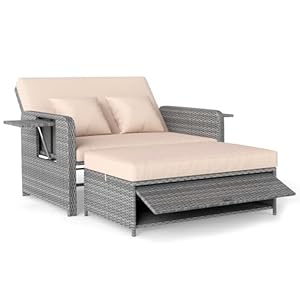 LIFEZEAL Lounge Outdoor, Doppelliege mit Liegefunktion, Rattan Tagesbett Sonnenliege mit Verstellbarer Rückenlehne, 2-Sitzer Gartensofa mit Seitentisch & Ottomane, bis zu 360kg (Mix Grau+Khaki)