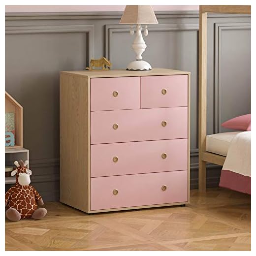 Junior Vida Neptune Cassettiera con 5 Cassetti, per Camera da Letto e Bambini Rovere, in Legno Ingegnerizzato, Altezza 76 x Larghezza 64.5 x profondità 40 cm Circa, Rosa e Quercia