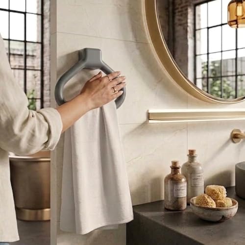 Image of Branco Modern Wall Mounted Towel Ring Holder | Self Adhesive Towel Ring for Bathroom | Premium Plastic Bathroom Hand Towel Hanger, Durable & Rust-Free, Easy Installation (Metallic Grey)