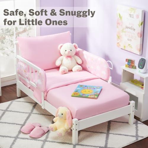 Image of EVERYDAY KIDS 4 Piece Toddler Bedding Set - Includes Comforter, Flat Sheet, Fitted Sheet and Reversible Pillowcase - Solid Pink