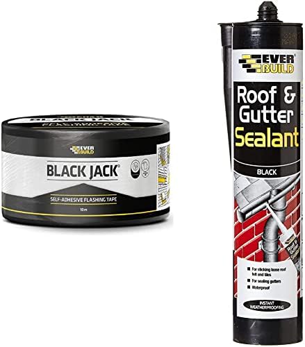 Everbuild EVBFLAS150 Black Jack Flashing Trade Tape, Lead Look, 150 mm x 10 m & EVBROOFBL Roof & Gutter Sealant, Butyl Based Sealant and Adhesive for Roofing, Black, 295 ml