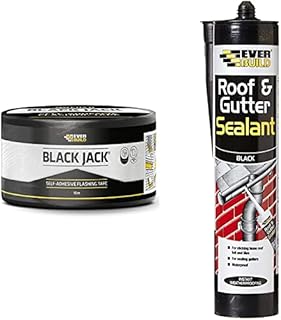 Everbuild EVBFLAS150 Black Jack Flashing Trade Tape, Lead Look, 150 mm x 10 m & EVBROOFBL Roof & Gutter Sealant, Butyl Based Sealant and Adhesive for Roofing, Black, 295 ml